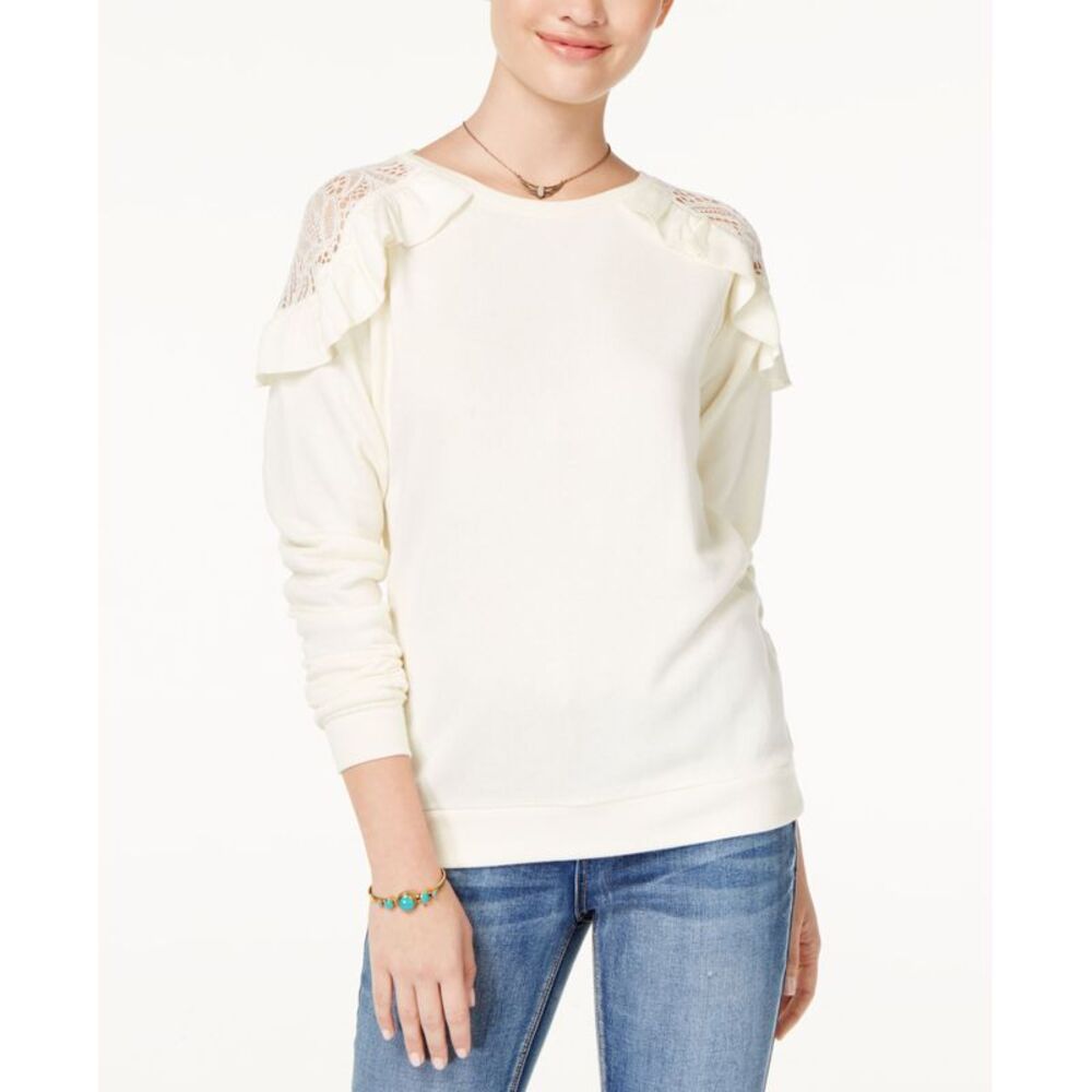 Self Esteem Juniors Ruffled Lace Trim Cold Shoulder Sweatshirt